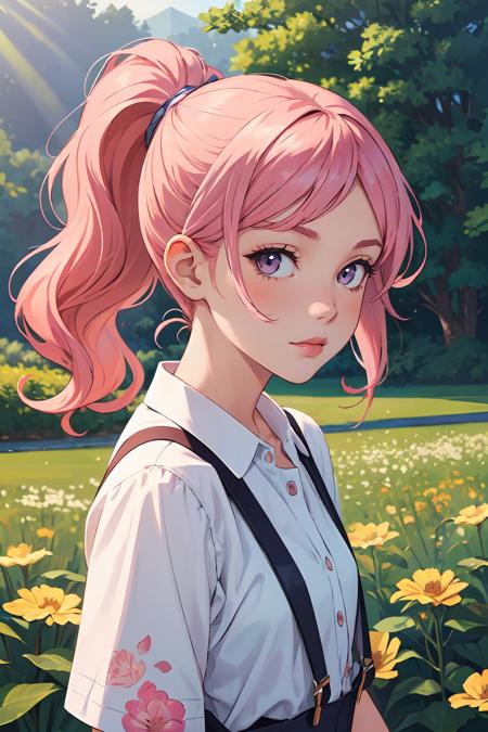 437789-4200081882-masterpiece, best quality,1girl,wavy hair,looking at viewer,upper body,suspenders,floral print,ponytail,pink hair,sunlight,scene.png